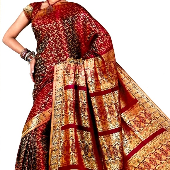 Draped in Royalty The Banarasi Saree Saga Maroon & Gold wedding Sari - Picture 1 of 5